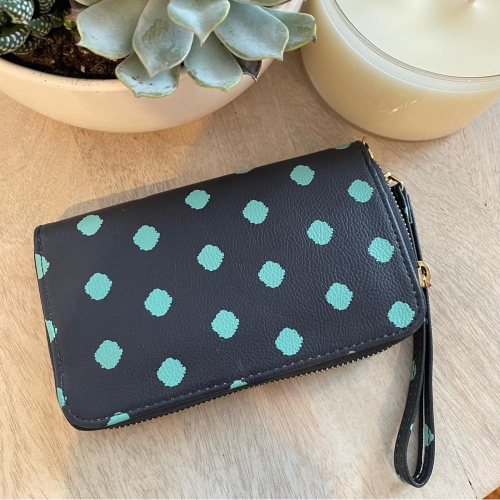 NWOT navy blue and turquoise small wristlet with removable  handle